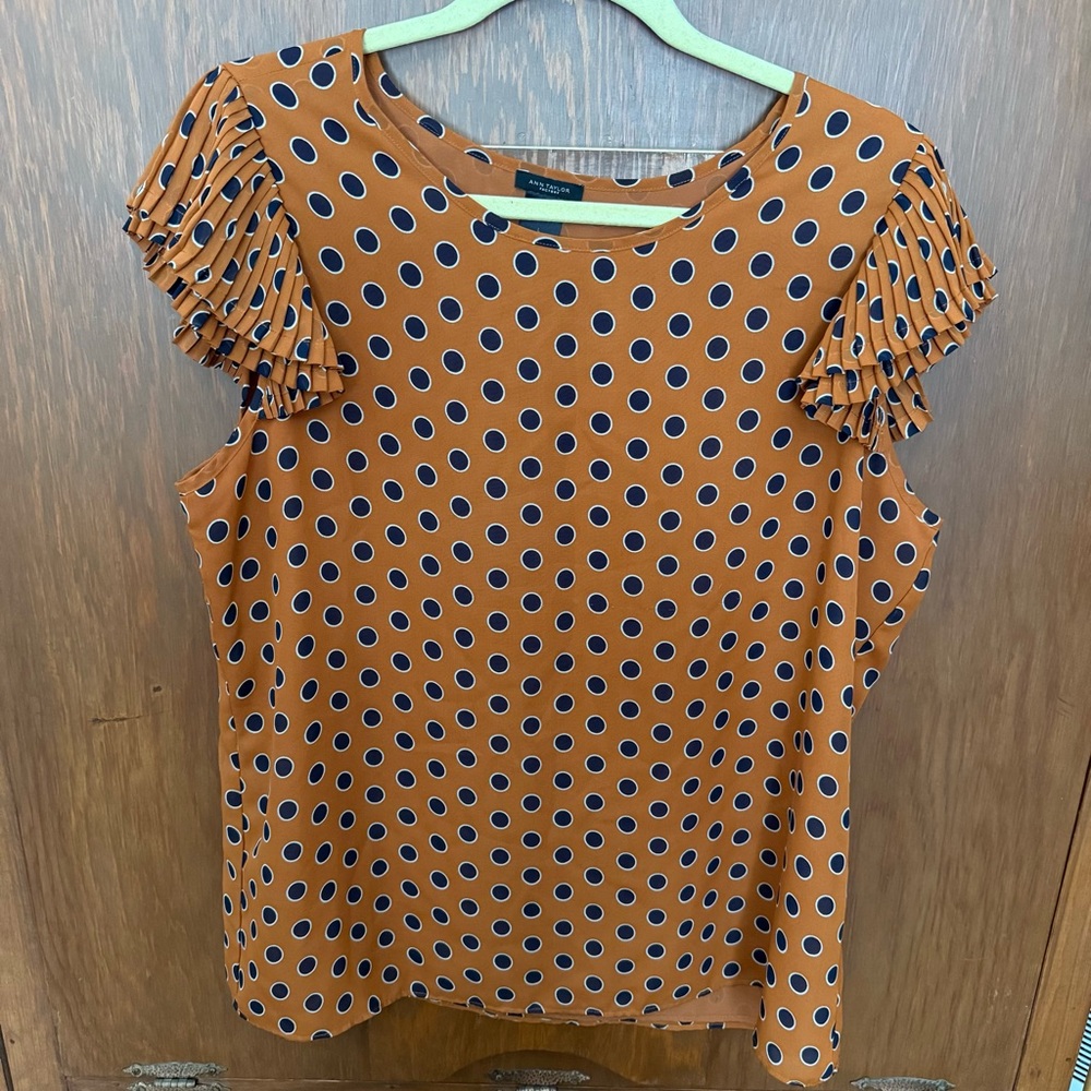 Ann Taylor Factory Orange Polka Dot Blouse with Ruffle Sleeves